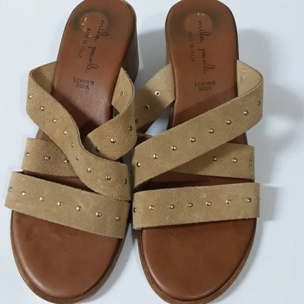 Mila Paoli women sandals leather suede 8 tan casual vacation beach summer